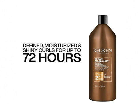 Redken All Soft Mega Curls Shampoo bottle, sulfate-free, 1000ml on white background.