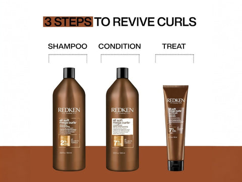 Redken All Soft Mega Curls Shampoo bottle, sulfate-free, treatment.