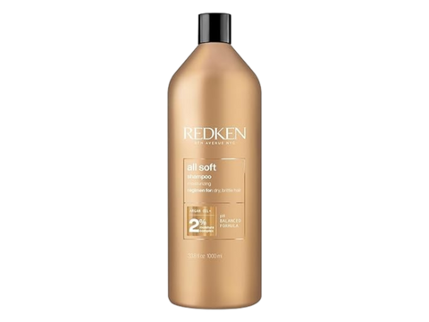 Redken All Soft Shampoo bottle with Argan Oil, 1000ml, on clean background.