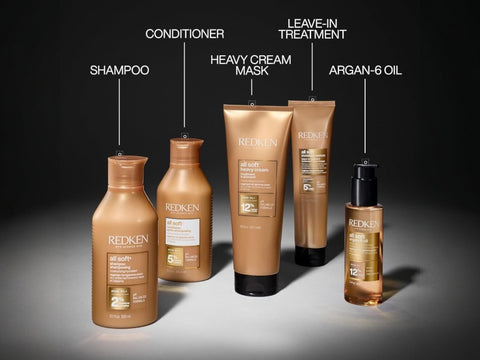 Redken All Soft Shampoo bottle with Argan Oil, 300ml formulation routine.