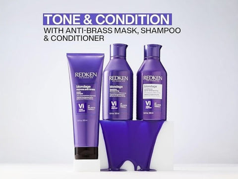 Redken Blondage Color Depositing Purple Conditioner bottle, 1000ml variations.