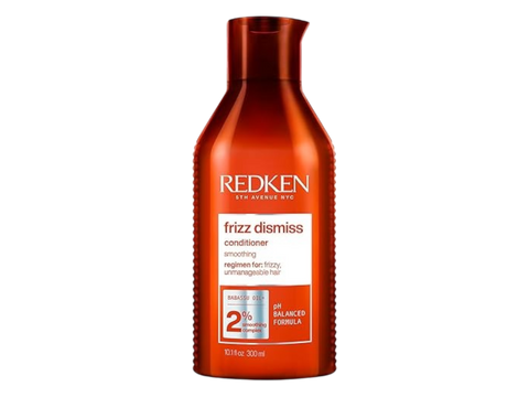 Redken Frizz Dismiss Conditioner bottle, 300ml, anti-frizz, on white background.