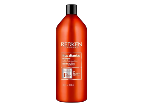 Redken Frizz Dismiss Shampoo bottle, sulfate-free, 1000ml on white background.