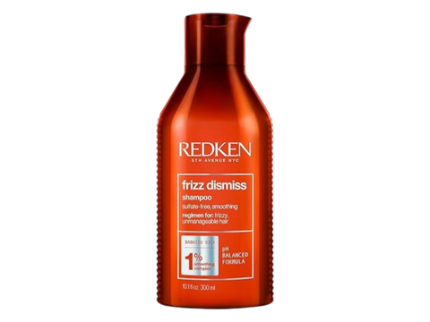 Redken Frizz Dismiss Shampoo bottle, sulfate-free, 300ml size on white background.