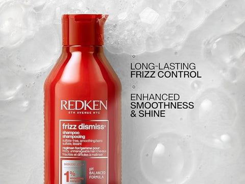Redken Frizz Dismiss Shampoo bottle, sulfate-free, 300ml formulation.