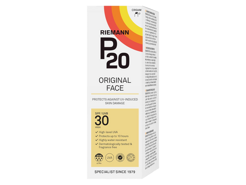 Riemann P20 Original Face Sun Cream SPF30 tube, 50g, on white background.