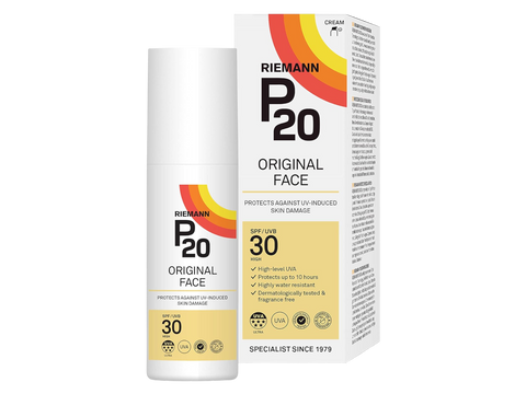 Riemann P20 Original Face Sun Cream SPF30 tube & box, 50g, on white background.