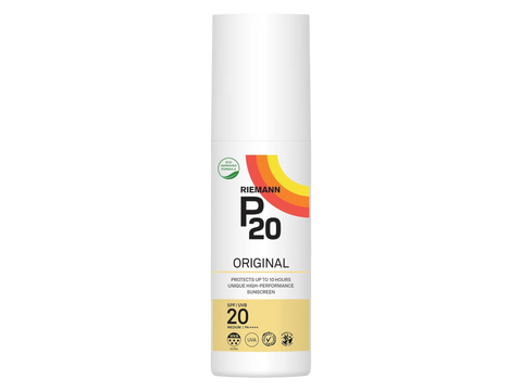 Riemann P20 Original SPF20 Sunscreen Spray bottle, 100ml, on white background.