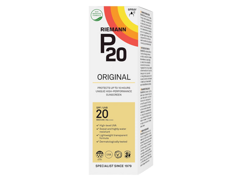 Riemann P20 Original SPF20 Sunscreen Spray box, 100ml, on white background.
