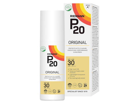 Riemann P20 Original SPF30 Sun Protection Spray bottle & box, 100ml, on white background.