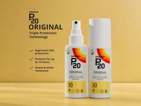 Riemann P20 Original SPF30 Sun Protection Spray bottle, 100ml, on white background.