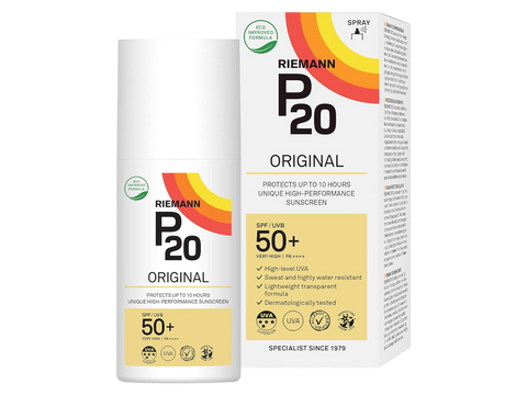 Riemann P20 Original SPF50+ Sunscreen Spray bottle & box, 200ml, on white background.