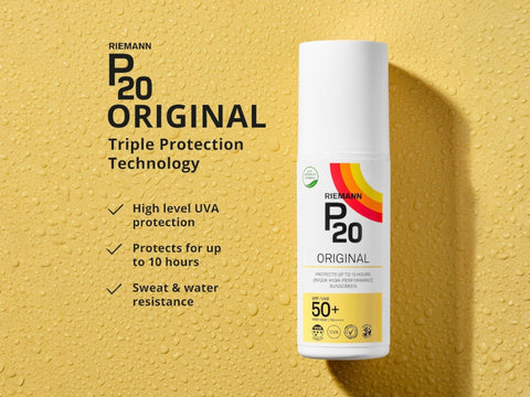 Riemann P20 Original SPF50+ Sunscreen Spray bottle, 200ml, on white background.