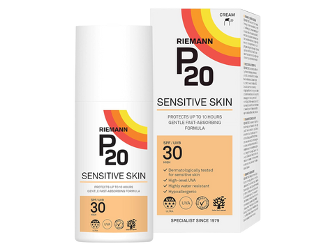 Riemann P20 SPF30 Sensitive Skin Sun Cream tube & box, 200ml, on white background.