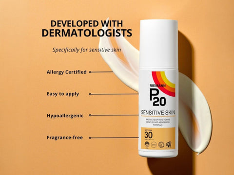 Riemann P20 SPF30 Sensitive Skin Sun Cream tube, 200ml, on white background.