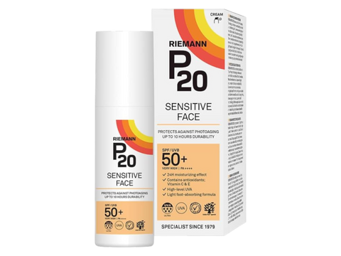 Riemann P20 Sensitive Face SPF50+ Sun Protection Cream tube & box, 50g, on white background.