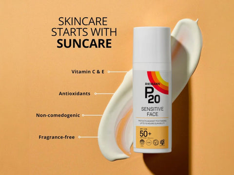 Riemann P20 Sensitive Face SPF50+ Sun Protection Cream tube, 50g, on white background.