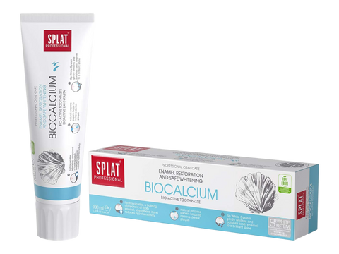 Splat Biocalcium toothpaste tube and packaging on a white background