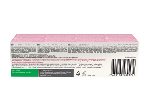 Product packaging with a pink top and white bottom displaying text and a barcode.