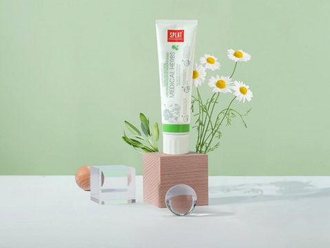 Tube of Splat Medical Herbs cream with daisies on a light green background