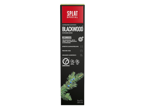 Splat Blackwood toothpaste packaging on a white background