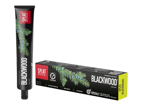 Splat Blackwood hair dye tube and packaging on a white background