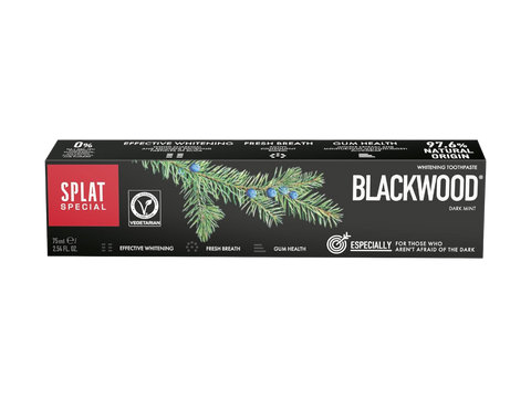 Splat Blackwood toothpaste packaging with a black background and green tree branch design.