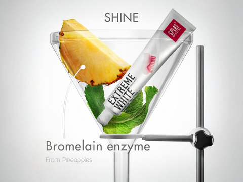 Bromelain enzyme toothpaste with pineapple and mint elements on a gray background