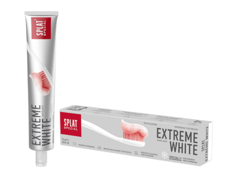 Splat Extreme White toothpaste tube and packaging on a white background