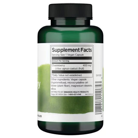 Swanson Chasteberry Supplement 400mg 120 Vegan Capsules Pack of 2 supplement bottle with label on a white background