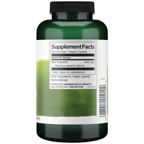 Swanson Full Spectrum Saw Palmetto 540mg 250 Vegan Capsules Bottle in a white background.
