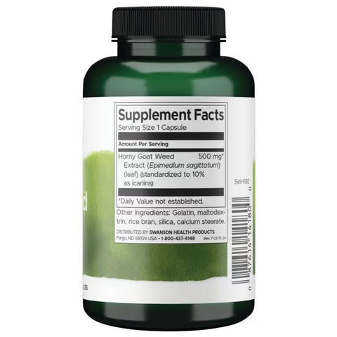 Swanson Horny Goat Weed Extract 500mg 120 Capsules supplement bottle with label on a white background