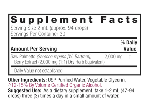 Nature’s Answer Saw Palmetto Berry Liquid Extract 60ml supplement information panel