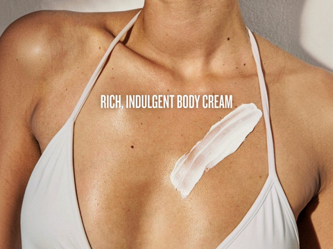 Body cream applied to a person's shoulder with 'Rich, Indulgent Body Cream' text.