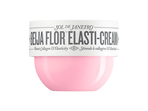 Pink jar of Sol de Janeiro Beija Flor Elasti-Cream on a white background