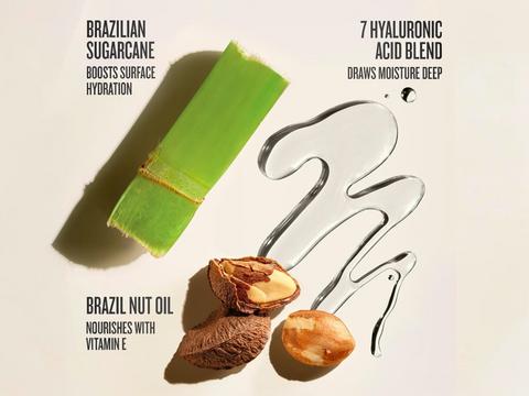 Product packaging with green bar, Brazil nut oil, and hyaluronic acid blend on a light background