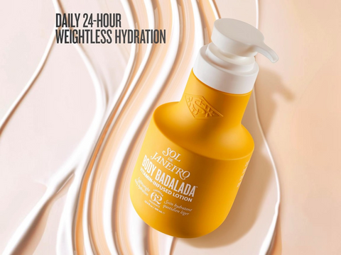 Yellow lotion bottle with pump on a beige background, promoting daily weightless hydration.