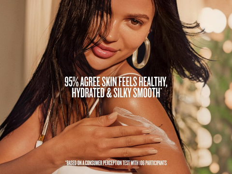 Woman with smooth skin holding her arm, with text about skin health and hydration.