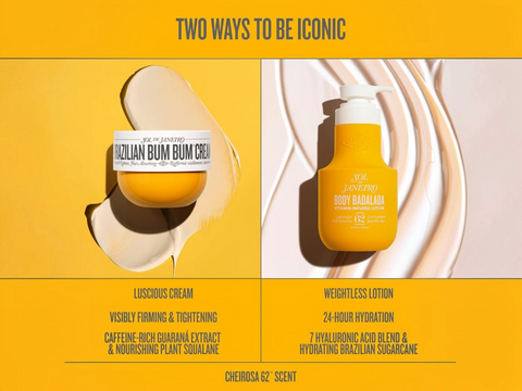 Advertisement for Brazilian Bum Bum Cream with two product images and text on a yellow background.
