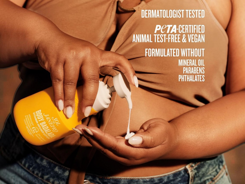 Person applying a skincare product to their hand with text about product testing and ingredients.