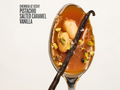 Spoon with dessert and vanilla bean, labeled 'Pistachio Salted Caramel Vanilla' on a white background