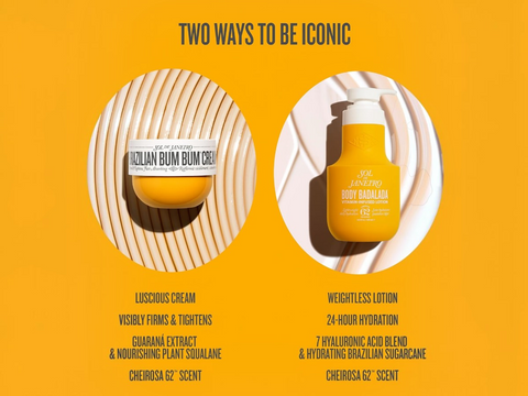 Two product images with labels 'Brazilian Bum Bum Cream' and 'Weightless Lotion' on a yellow background.