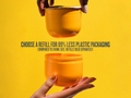 Yellow container with hands holding it against a yellow background, promoting refill options for reduced plastic packaging.