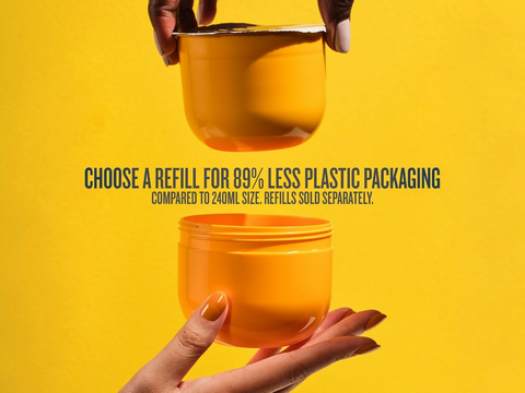 Yellow container with hands holding it against a yellow background, promoting refill options for reduced plastic packaging.