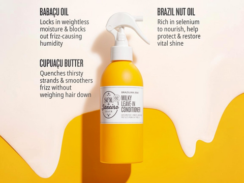 Yellow bottle of hair conditioner with text about ingredients on a beige background
