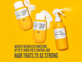 Three bottles of shampoo and conditioner on a yellow background with text about hair care benefits.