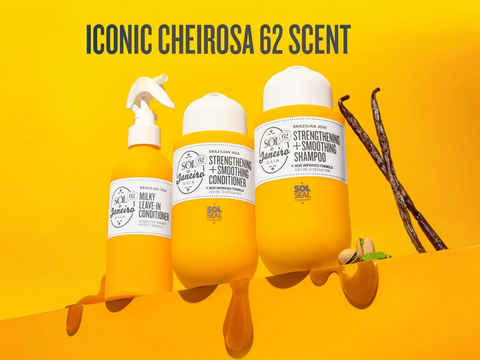 Three bottles of Shampoo & Co. hair care products on a yellow background with 'Iconic Cheirosa 62 Scent' text.