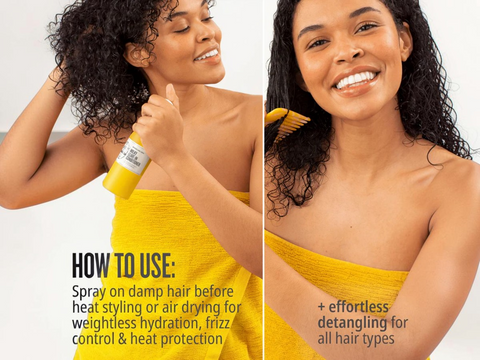 Woman using a hair care product with text on how to use it