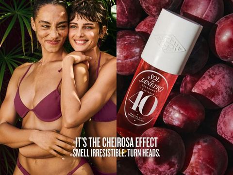 Two women in purple lingerie with a bottle of Sol Janeiro Cheirosa 40 against plums.