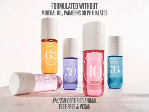 Set of skincare bottles with different colored caps on a white background, featuring text about product ingredients and certifications.